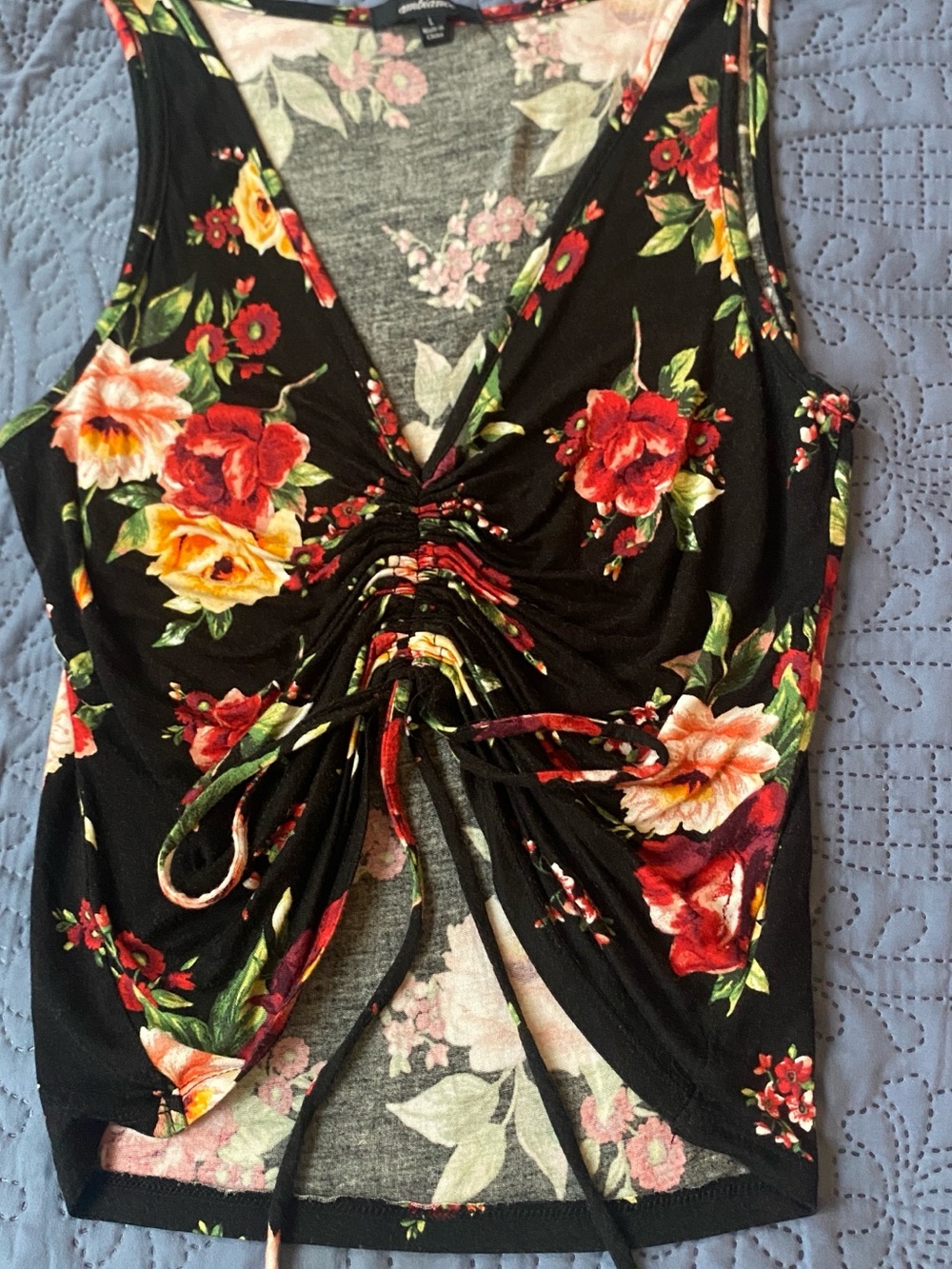 Floral Ruched Front Sleeveless Tank Top - Black/Red/Yellow